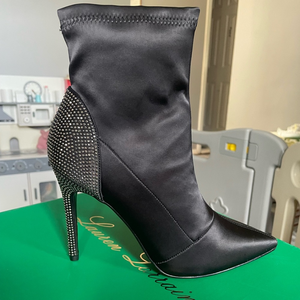 Lauren Lorraine Satin Black Heeled Boots